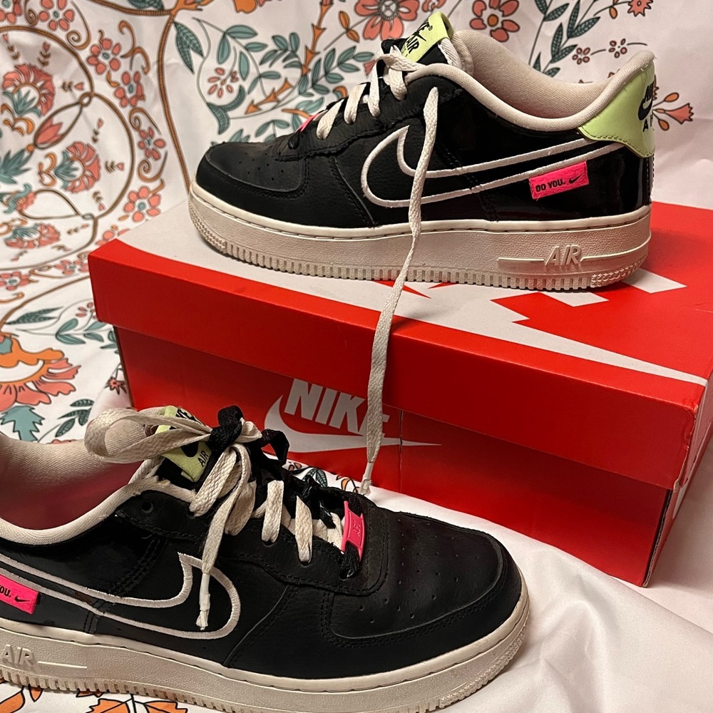 Woman’s black with white, green and pink details Air Force 1s- size 5